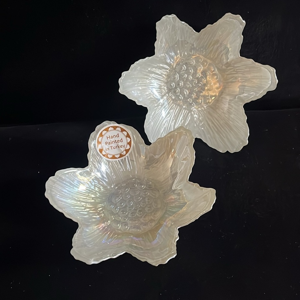 New 2 Dish Set Akcam Flower Pearl Glass Bowls 6”x2” Hand Painted in Turkey